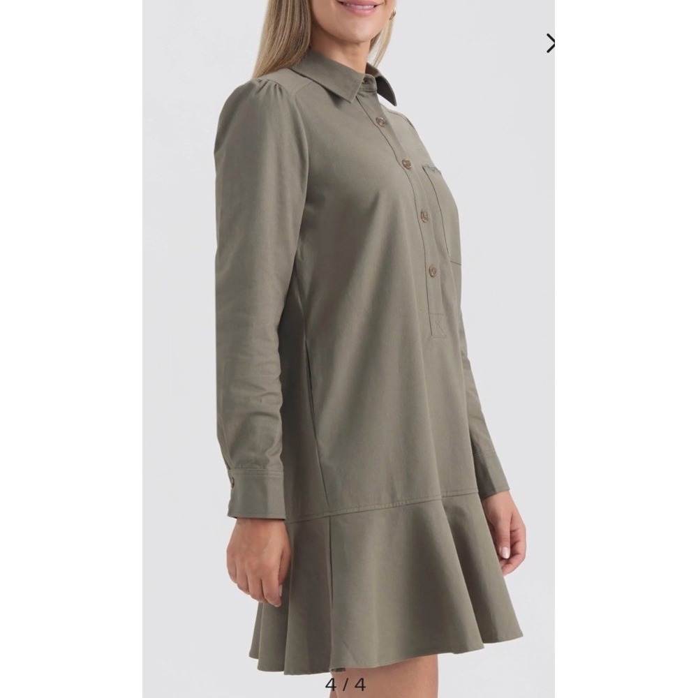 Ellen Tracy Women's Olive Ruffle Shirt Dress Size Small NWT 100% Cotton